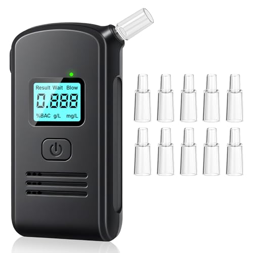 aquota Breathalysers - Portable Breathalysers for Euro Travel with 10 Reusable Mouthpieces, Professional Breathalyser with LCD Digital Display, Breathalyzer for Home Party Use, MR801