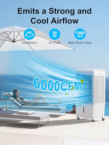 Image of Uthfy 6000 CFM Swamp Cooler Air Conditioner, Outdoor Evaporative Air Cooler with 13.5 Gal Water Tank, Remote, 120 Oscillation, 12H Timer, 47 inch Portable AC with Copper Motor for Patio, Garage
