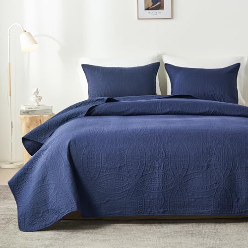akkialla Twin Quilt Bedding Set,Navy Blue Ultrasonic Quilt Set,Lightweight Soft Bedspread Coverlet,Modern Style Coin Pattern Bed Cover for All Seasons,2 Piece(1 Quilt,1 Pillow Sham)
