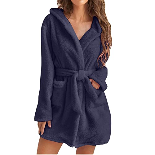 Womens Fuzzy Robe Mid Length Bathrobe Belted Soft Bath Robes Plush Kimono Robe with Pockets Fall Winter Spa Robes Bath Robe Towel Terry Cloth Bathrobe Dark Blue