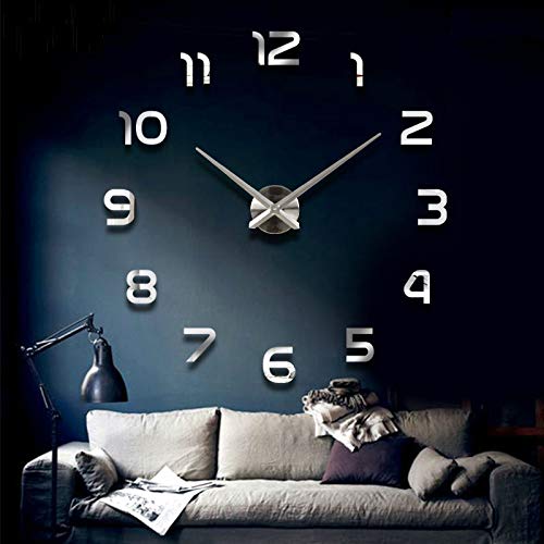 3D DIY Mirror Surface Wall Clock Big Size Wall Decorative Clocks Silent Non Ticking Movement Clocks (Silver)
