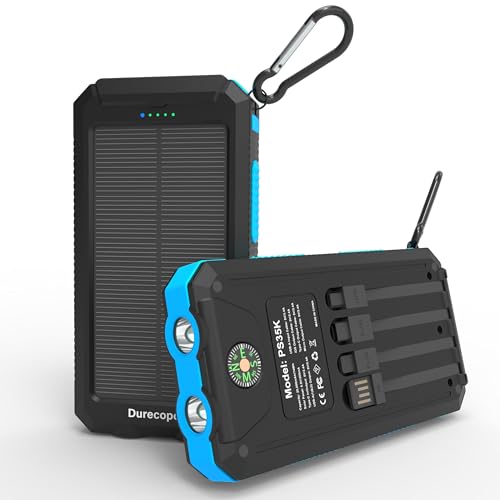 Durecopow Solar Charger Power Bank 20,000mAh, Portable Charger, 4 Cables 3 Ports Fast Charging External Battery Pack with USB C for Cell Phones, Solar Panel Charger with Dual Flashlight for Camping