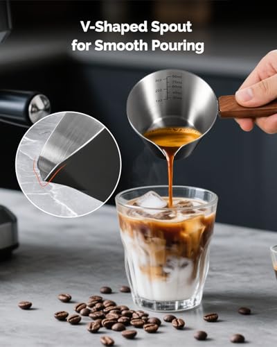 Vaso medidor espresso acero inoxidable con mango de madera miniatura 3