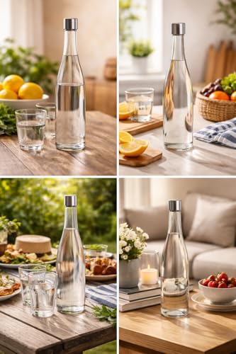 Image of Glass Water Bottle 750ML Liter Plain Narrow Mouth for Beverages, Oil, Vinegar, Beer, Water, Soda, Airtight Lid & Leak Proof Cap - Clear Pack of (2)