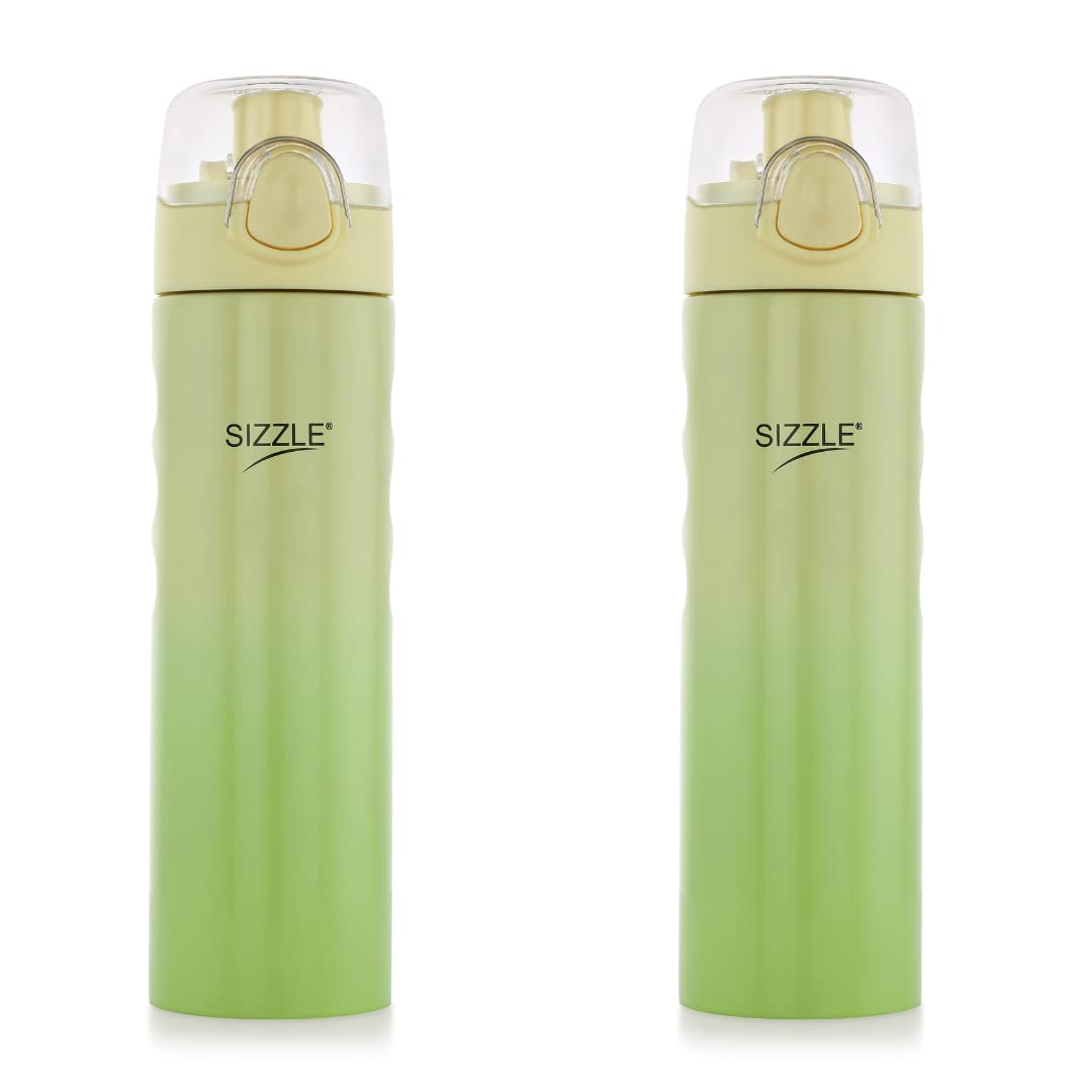 Sizzle Modern Stainless Steel Water Bottle 1000 ML – Lightweight Leakproof Water Bottle with Press Button Mechanism for One Hand Use | GREEN PACK OF 2
