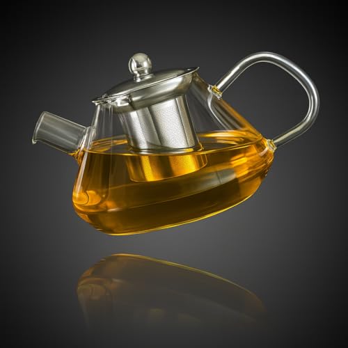 Image of Tea Pot - Glass Kettle for Gas Stove - Borosilicate Glass Teapot with Stainless Steel Infuser, Heat-Resistant, Drip-Free Spout, Ideal for Loose Leaf & Blooming Tea, 1000ml, Golden Brew