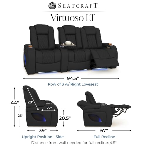 Image of Seatcraft Virtuoso LT Black Italian Leather Home Theater Seating, Zero Gravity Power Recliner, Heat and Massage, Powered Headrest and Lumbar Gaming and Home Office Chair, Row of 3 Right Loveseats