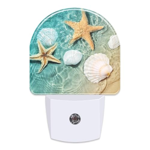 sndheke Starfish and Seashell Night Light Plug into Wall, Summer Beach Ocean Waves Dusk to Dawn Night Light Plug in,0.5w Energy Saving Sleep Friendly NightLight for Kids Boys Girls Home Decor
