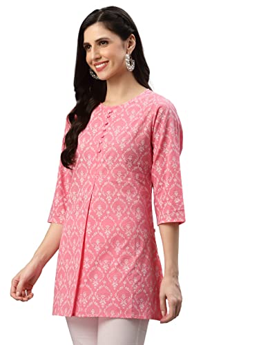 Image of Yash Gallery Women's Cotton Regular Fit Short Floral Printed Kurta