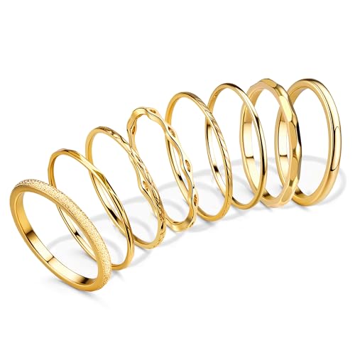 YADOCA 8Pcs 1MM 2MM Stainless Steel Rings for Women Men Minimalist Fashion Dainty Plain Thin Knuckle Stacking Midi Thumb Rings Stackable Statement Band Rings Set Gold Tone Size 10