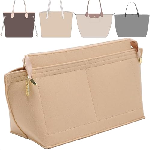 Image of Doxo Purse Organizer Insert for Handbags, Felt Neverfull MM Organizer Insert with Cover, Tote Bag Organizer with Zipper Pocket and Bottle Holder, Fit Neverfull MM and More, Beige-L