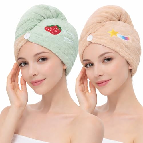 Image of RK Microfibre Hair Drying Towel Wrap, Quick Drying, Soft and Absorbent, Cute Embroidered Design, Button Closure (2)