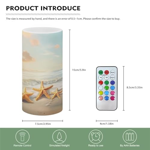 Image of Flameless LED Candle Flickering Wick Electric Candles with Remote Timer Color Changing 5.9 Inches Pillar Candle for Coastal Indoor Home Decoration, Beach Gold Starfish