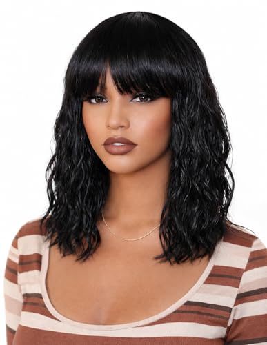 ManeMajesty 16 Inch Body Wave Wig with Bangs-Natural Balck 100%