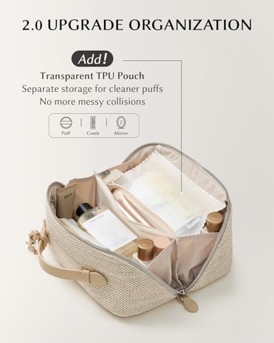 Image of EACHY Makeup Bag, Woven Travel Toiletry Bag, Portable 180 Wide-Open Flat Cosmetic Bags for Women, Large Capacity Makeup Pouch with Divider and Handle