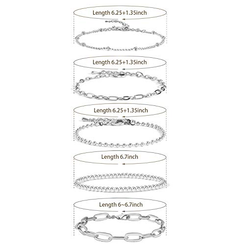 Conran Kremix Silver Bracelets For Women Girls Sets Dainty Link Paperclip Bracelet Stack Small Ball Bead Chain Bracelets Adjustable Layered Metal Link Bracelet #TOP1