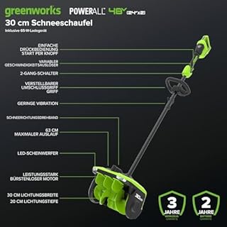 Greenworks Akku-Schneefräse 24V x 2 (Li-Ion, 48 V, Arbeitsbreite 30 cm, max. Schneehöhe 20 cm, mit 2X 4Ah Akkus & 65W USB C Ladegerät) - SS3002
