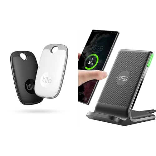 Tile Pro Bluetooth Item Finder, 2 Pack, 120m finding range, works with Alexa and Google Smart Home & INIU Wireless Charger, 15W Fast Wireless Charging Stand Qi Certified Sleep-friendly Adaptive Light