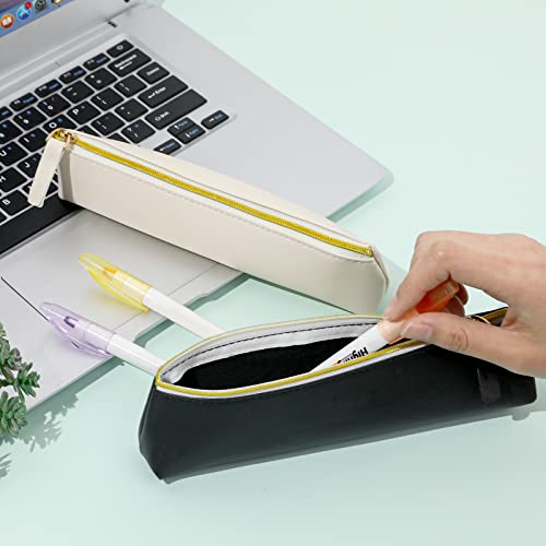 Kalione 2 Pcs Pu Leather Small Pencil Pouch, Small Pen Pencil Stationery Pouch Bag Slim Design Zipper Pencil Pouch For Pens, Pencils, Markers(Black&Beige) #TOP5