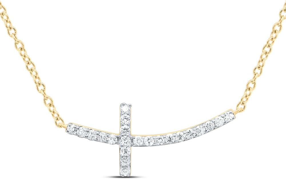 10K White Gold, Yellow Gold 1/10 CTW Womens Diamond Sideway Cross Cable Link Chain Necklace 18 inch