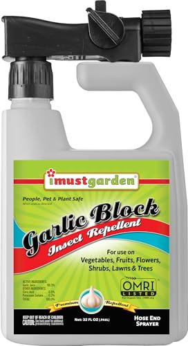 Garlic Block Insect Repellent – Ready to Spray Concentrate: No Mixing or Measuring – OMRI Listed for Organic Gardening - Creates a Garlic Barrier to Protect Vegetables, Fruits & Flowers: 32oz Hose-end