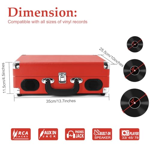 Image of Claw Stag Portable Vinyl Record Player Turntable with Built-in Stereo Speakers, Volume Control Knob, AUX Input and RCA Output, 78 RPM Speed, High Qualiy Diamond Stylus and Headphone Jack (Red)