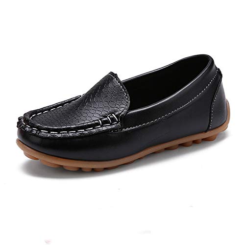 SOFMUO Boys Girls Leather Loafers Slip-On Oxford Flats Boat Dress Schooling Daily Walking Shoes(Toddler/Little Kids) Black,22