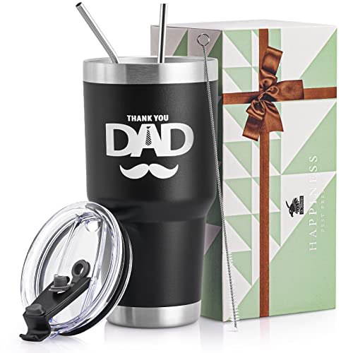 Reisebecher mit Aufschrift "Thank You Dad" von Daughter Sohn, 850 ml, Edelstahl, isoliert, mit Deckel, für Vater, Vater, Vater, Neuvater zum Vatertag, Erntedankgeschenk, Schwarz Cover