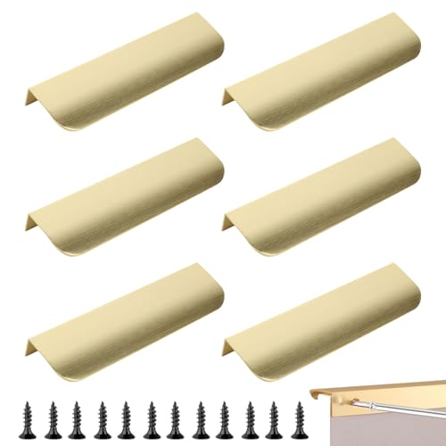 Mistillion 6 PCS Gold Kitchen Cupboard Handles, Finger Edge Pulls for Cabinets and Drawers, 80mm Gold Wardrobe Door Handles Modern Aluminium Bathroom Cabinet Handles, Brushed Brass