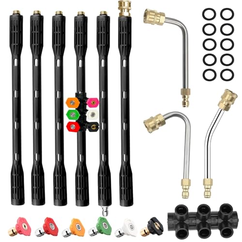 Selkie Pressure Washer Extension Wand - Upgrade Black Power Washer Lance with Spray Nozzle Tips,30°,90°,120° Curved Rod, 1/4’’Quick Connect, Replacement for Anti-Leaked Ring 4000 PSI
