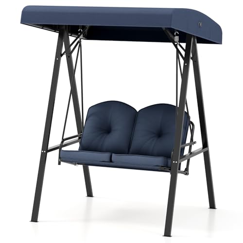 Image of HAPPYGRILL 2-Person Porch Swing, Outdoor Loveseat Swing with Adjustable Canopy & Heavy-Duty Metal Frame, Cushioned Swing with Stand for Porch, Backyard, Garden (Navy)