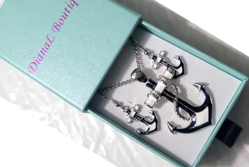 DianaL Boutique Silvertone Nautical Anchor Pendant Necklace and Earring Set 24" Chain4