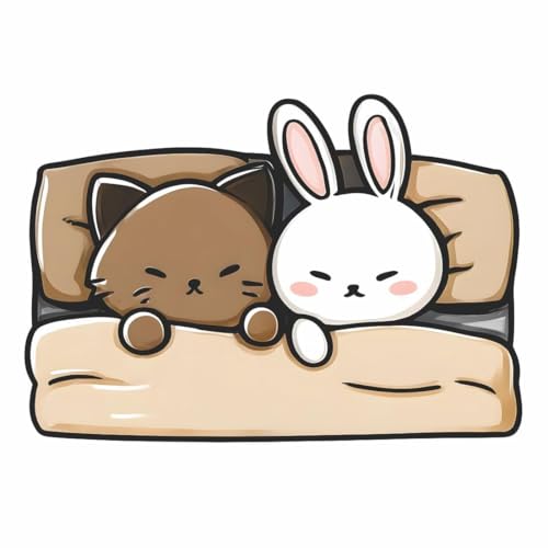 Image of Cute Sleeping Cat & Bunny Wall Sticker | Self Adhesive Cartoon Animal PVC Wall Decal for Ki-ds Room, Nursery, Bedroom & Playroom Decor