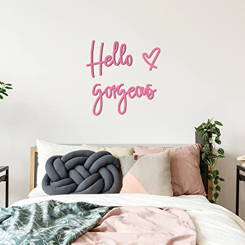 Image of Blulu Hello Gorgeous Wall Decor Sign Hello Gorgeous Wall Art Minimalist Wooden Words Decor for Lash Room, Salon, Vanity or Makeup Room, Bathroom, Bedroom, Office(Pink)