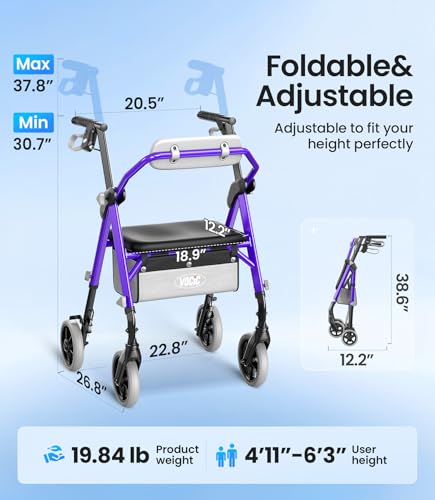 Image of VOCIC Z11 Rollator Walker for Seniors with Seat, 380 LBS | Lightweight Design with Ergo Seat & Backrest, Height Adjustable & Easily Foldable for Seniors' Mobility, Blue
