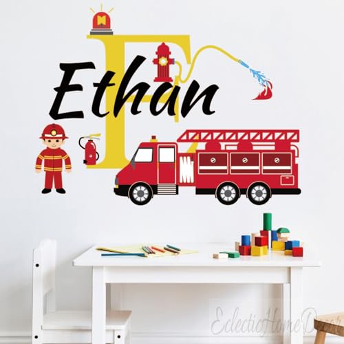 Autocollant mural personnalisé camion de pompiers – Décoration de chambre de garçon, autocollant amovible pour chambre de garçon, décoration murale de...
