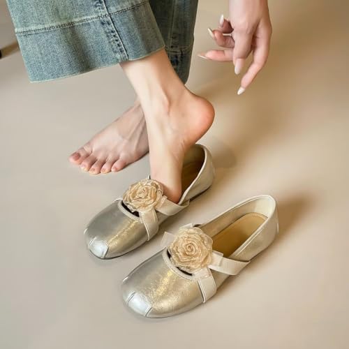 LUXINYU Women Round Toe Mary Jane Flats Pu Leather Elastic Flower Straps Low Heel Ballet Casual Praty Shoes3
