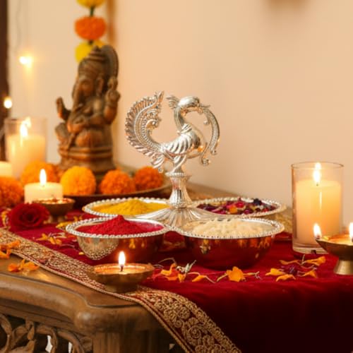 Image of Brass Kankavati Haldi Kumkum Container | Traditional Pooja Sindoor, Chawal Holder | Peacock Design 4 Bowl Pooja Accessory for Festivals, Gifting & Home Mandir (German Silver, Large)