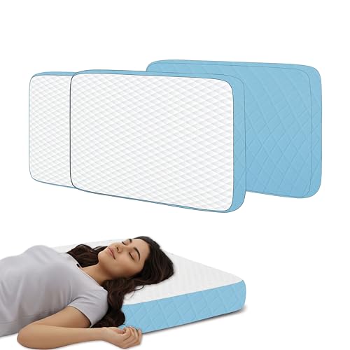 Image of High Density Memory Foam Pillow Set of 2, 50x30x6 cm Shredded Support for Neck Pain Relief, White and Sky Blue Breathable Case, Orthopedic Bedding for Side Sleeper