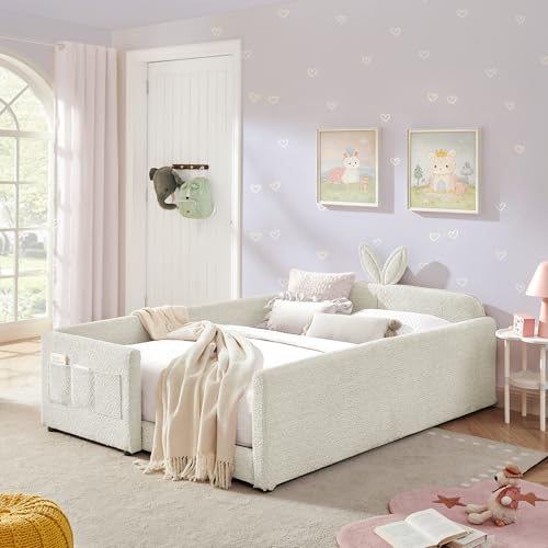 Image of KEIKI Full Size Upholstered Platform Bed Frame with Guardrail, Slats, Beige