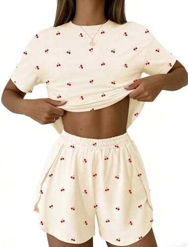 IECCP Schlafanzug Damen Kurz Pyjama Set Sommer Nachtwäsche Loungewear Pjs | süßer Pyjama Crop Top und Shorts Kurzarm Pyjama Set Nachtwäsche Zweiteiliger Sommer Loungewear