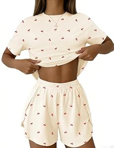 IECCP Schlafanzug Damen Kurz Pyjama Kurzarm Pyjamas Set Nachtwäsche Set Zweiteiliger Sommer Loungewear Sleepwear Hausanzug für Zuhause Urlaub Freizeit Aprikose Kirsche M