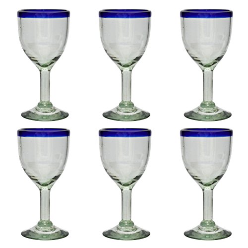 Copo de vinho artesanal - tamanho médio - vidro reciclado - borda azul - conjunto de 6