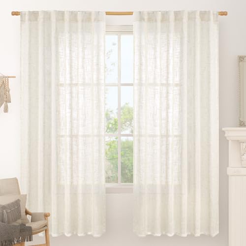 LAMIT 72 inch Length Cream Linen Curtains for Living Room 2 Panels, Linen Textured Light Filtering Semi Sheer Back Tab and Rod Pocket Window Curtain Panels for Bedroom/Farmhouse, 52 x 72 Inch