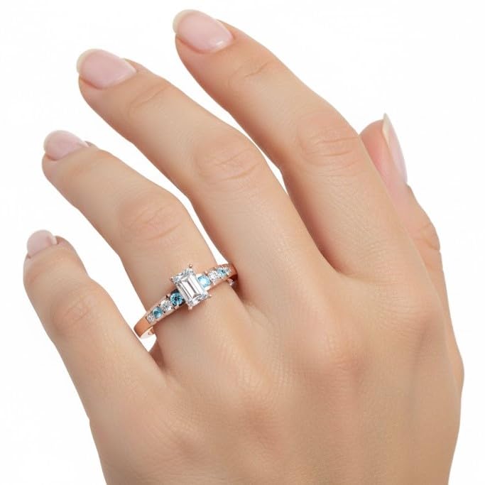 Image of 55Carat Choose Your Gemstone Diamond CZ Graduated Accent Ring Rose Gold Plated Emerald Shape Petite Engagement Rings Everyday Jewelry Wedding Jewelry Handmade Gifts for Wife US Size 4 to 12