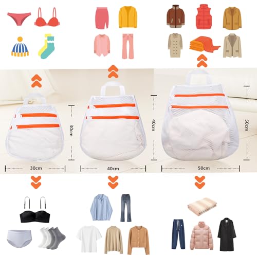 Cozary 3 Stück Wäschenetz für Waschmaschine, [Upgrade] Doppelte Schicht Wäschesack mit Reißverschluss, Wäschebeutel für BH, Socken, Unterwäsche, Babykleidung - Weiß (30x30 cm, 40x40 cm, 50x50cm)