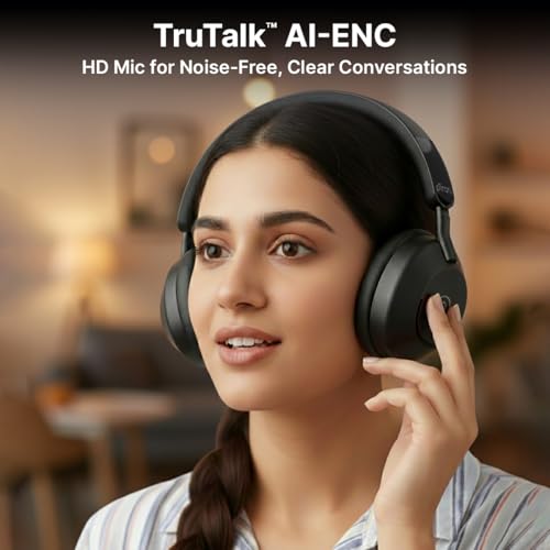 Image of pTron Studio Ultima w / 60Hrs Playtime, Dual Device Pairing, 40mm Drivers, Custom EQ, Mobile App, Wireless Over Ear Headphones w /HD Mic & TruTalk AI-ENC Calls, BTv5.4 & Type-C Charging (Jet Black)