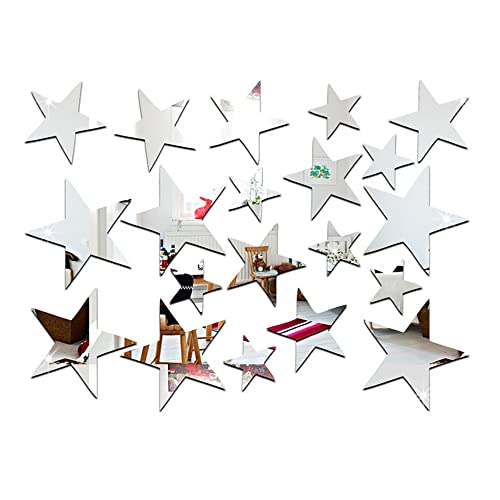 YJFY 20 Piezas 3D Decorativas Pegatinas DIY Espejo de Acrílico Espejo Pegatina de Pared Adornos Estrella Combinación para Salón Dormitorio Hogar Oficina Armario Pared Decoración-3 Tamaños (Plata)