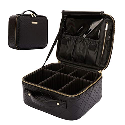 ROWNYEON Makeup Travel Case Rhomboid Makeup Bag Organizer Portable Cosmetic Makeup Train Case Storage Bag Diamond Pattern Cosmetic Bag for Women,Cosmetics PU Leather Waterproof Small,Black