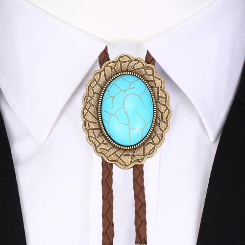Image of AZORA Western Cowboy Bolo Tie Men Leather Necktie Leather Cord Turquoise Stone Bolo Ties for Men Women
